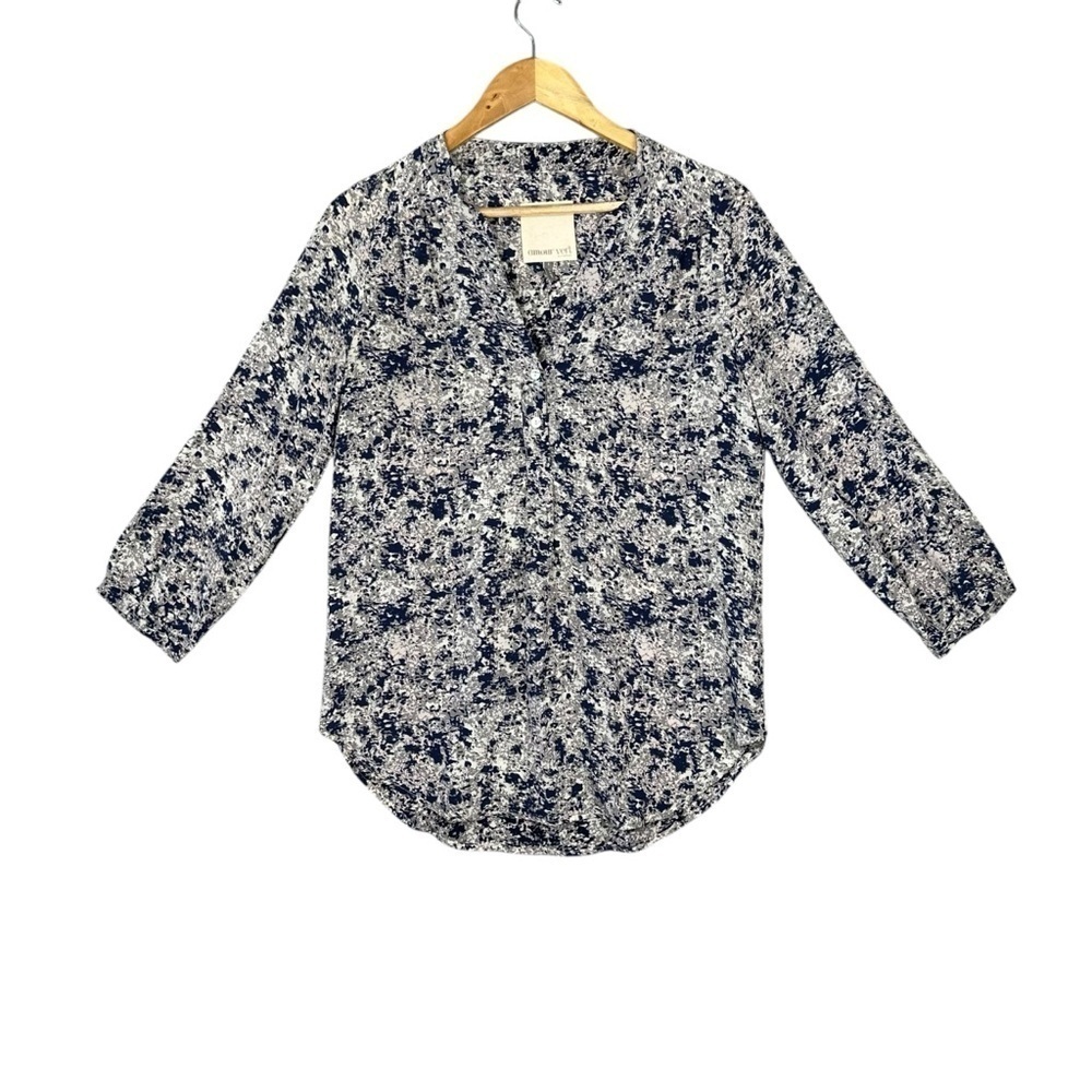 Amour Vert Women’s Silk blouse Medium Gray multicolor Hi Lo Tunic Small.